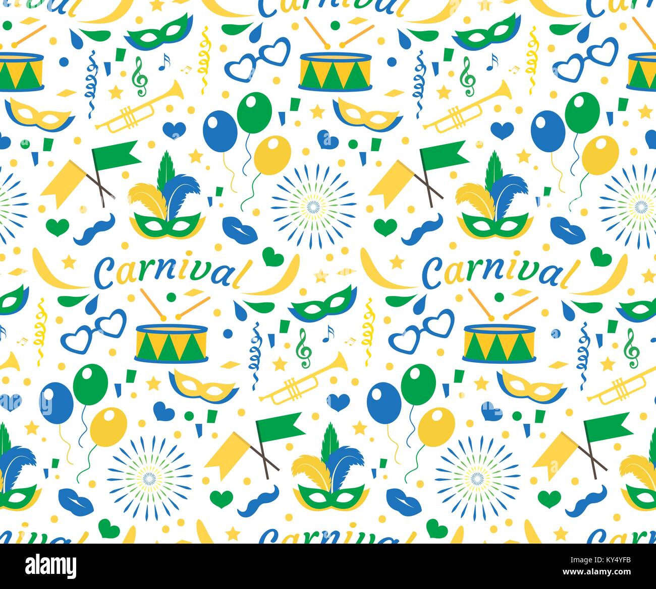 Carnaval brésilien modèle transparent avec masque des plumes, des confettis, des ballons. Le Brésil, la texture de fond sans fin, papier peint. Toile de Festival bleu, vert, jaune. Vector illustration. Illustration de Vecteur