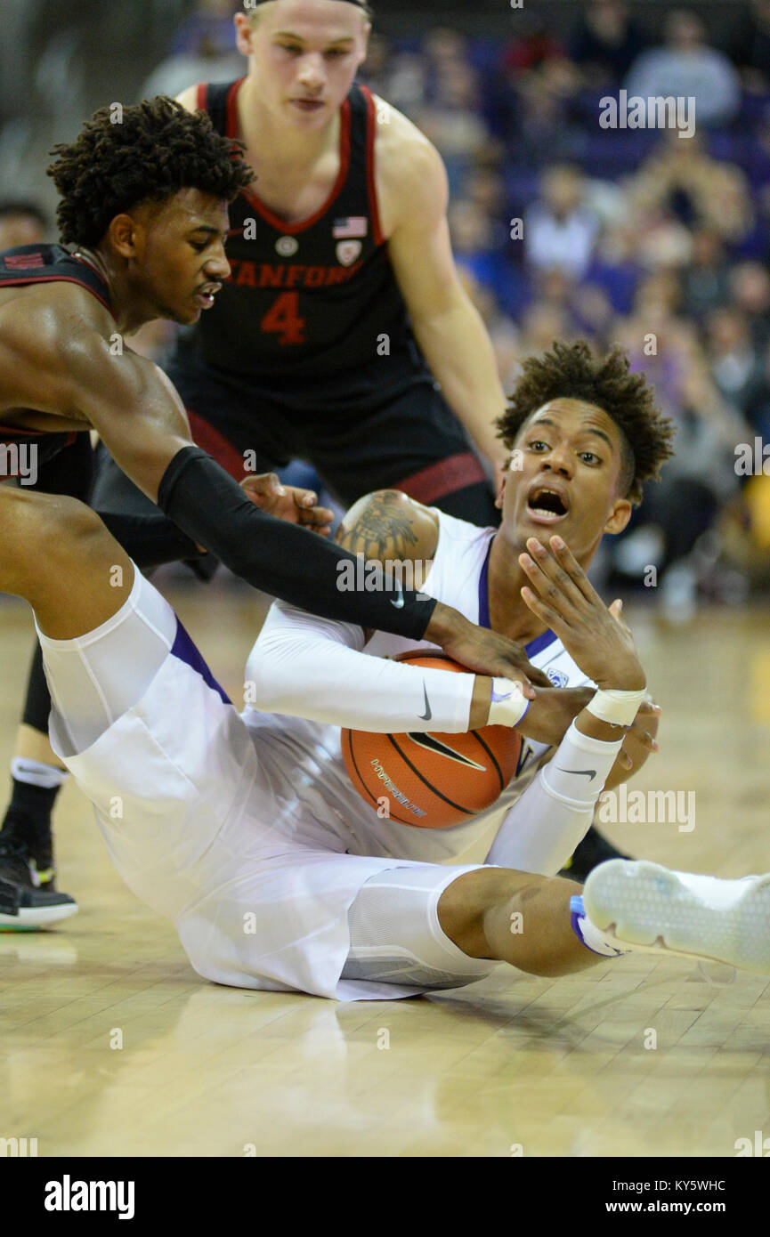 Seattle, WA, USA. 13 Jan, 2018. L'UW Hameir Wright (13) tente d'appeler le temps tandis que le tapin après une balle lâche lors d'une CIP12 jeu de basket-ball entre les Huskies de Washington et Stanford Cardinal. Le Cardinal a gagné le match 73-64. Le jeu a été joué à Hec Ed Pavilion à Seattle, WA. Jeff Halstead/CSM/Alamy Live News Banque D'Images