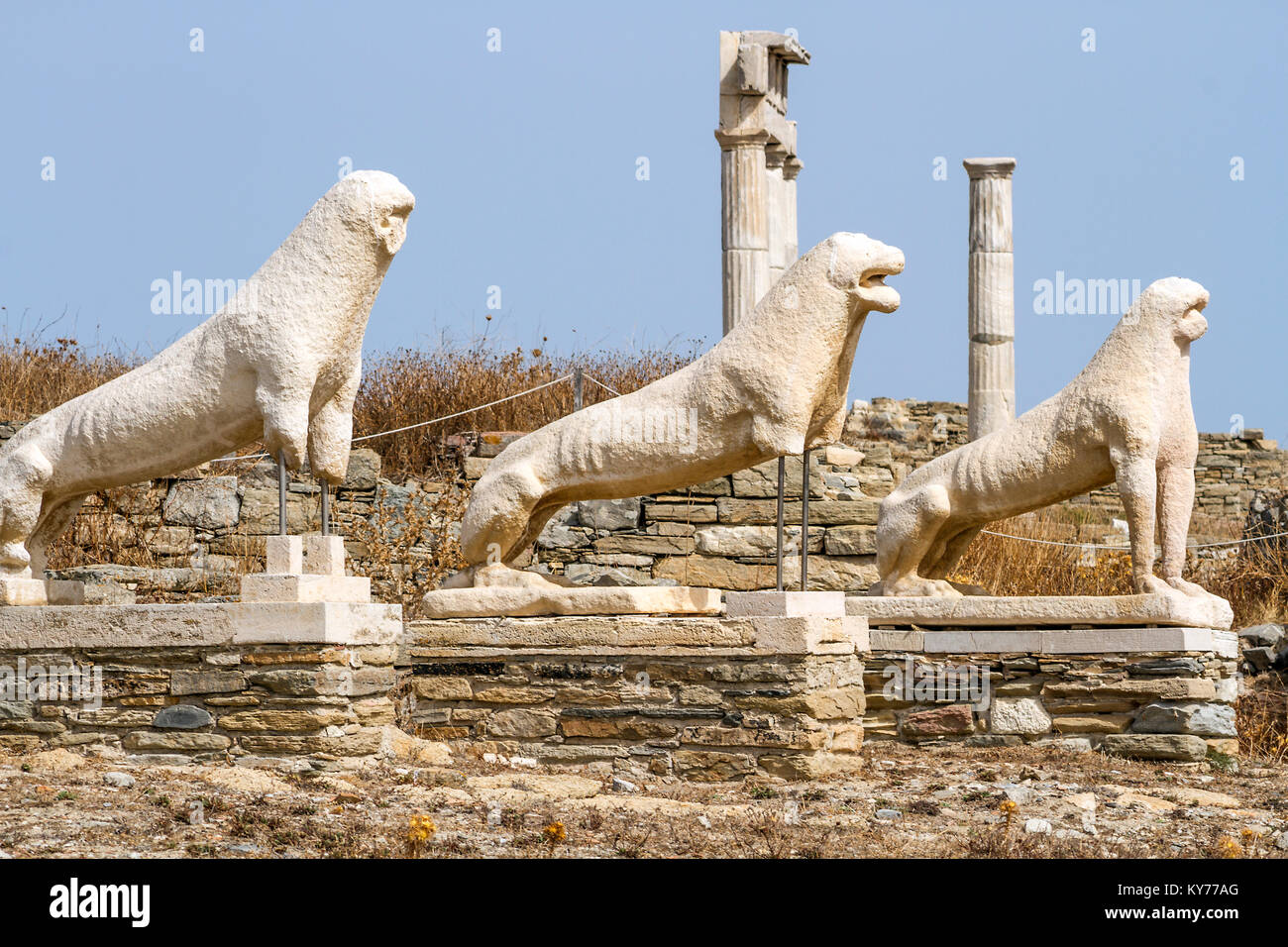 Vestiges des statues sur la garde côtière canadienne lion Cycladean île de Delos, Mykonos, Grèce, été 2017. Banque D'Images