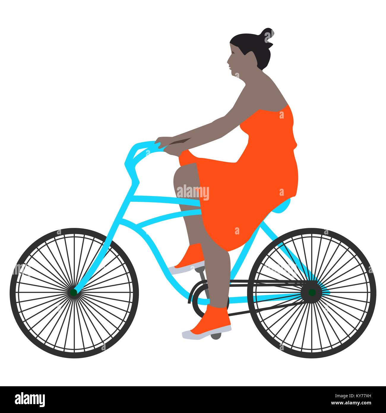 Vector illustration d'un ressort à pied cycliste femme dans une robe rouge et des chaussettes équitation un vélo bleu, plat traditionnel. Illustration de Vecteur