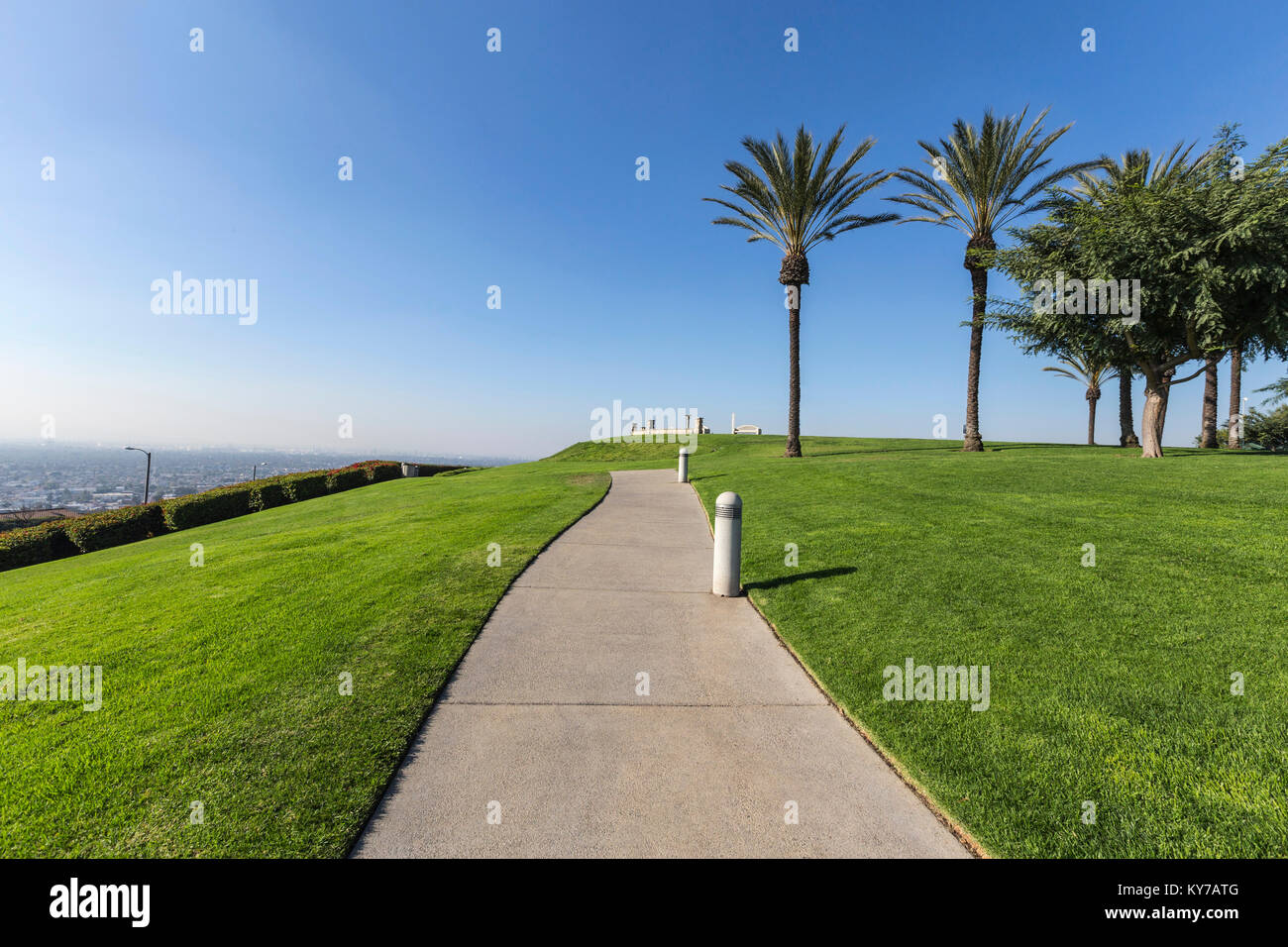 Palmiers, d'herbe verte et d'une vue sur la ville au parc de la colline de Signal Hill à Long Beach en Californie. Banque D'Images