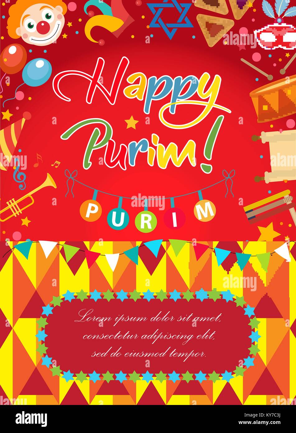 Affiche carnaval de Pourim, invitation, flyer. Les modèles pour votre conception avec masque, hamantaschen, clown, ballons, Grager cliquet. Festival, Fête juive de fond. Vector illustration. Illustration de Vecteur