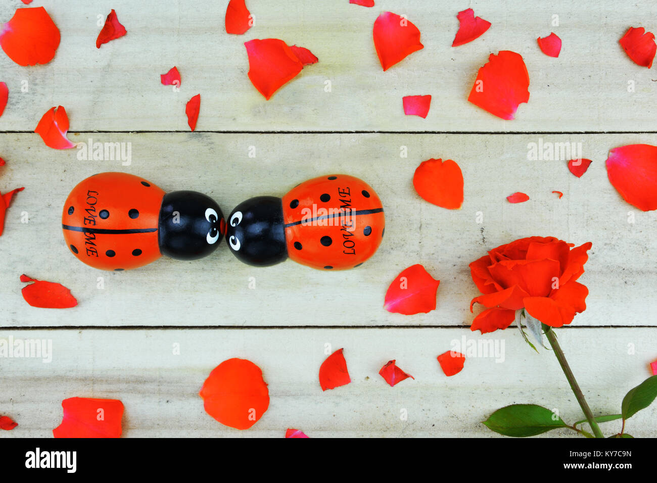 Concept d'amour avec rose et deux coccinelles en bois sur fond de bois Banque D'Images
