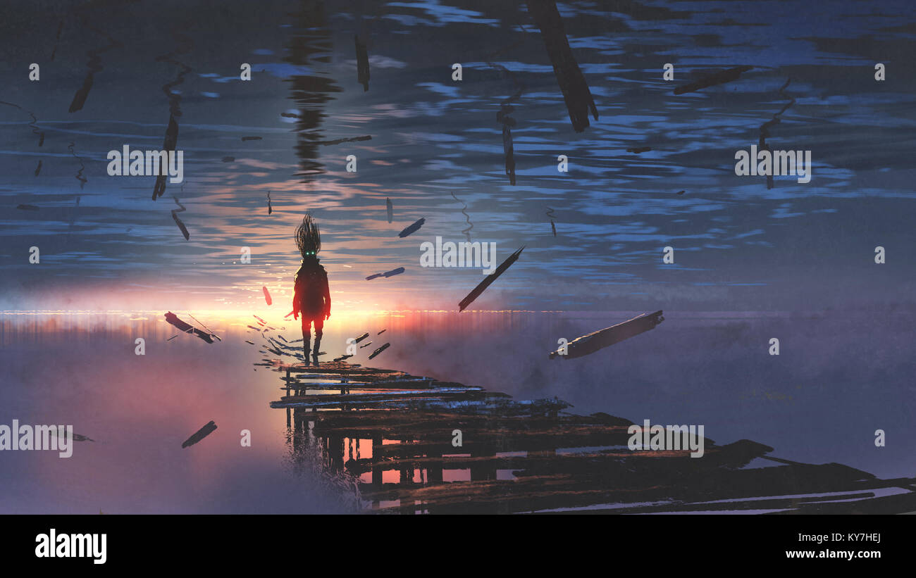 Paysage surréaliste de monde à l'envers avec un homme sur le pont vieux à la lumière au coucher du soleil dans le ciel au-dessus de la mer, style art numérique, illustration pa Banque D'Images