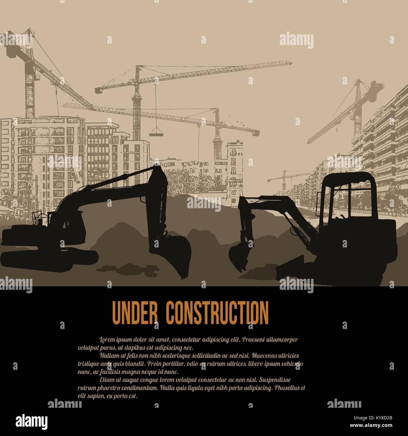 En construction concept avec pelle, les bâtiments et les grues, vector illustration Illustration de Vecteur