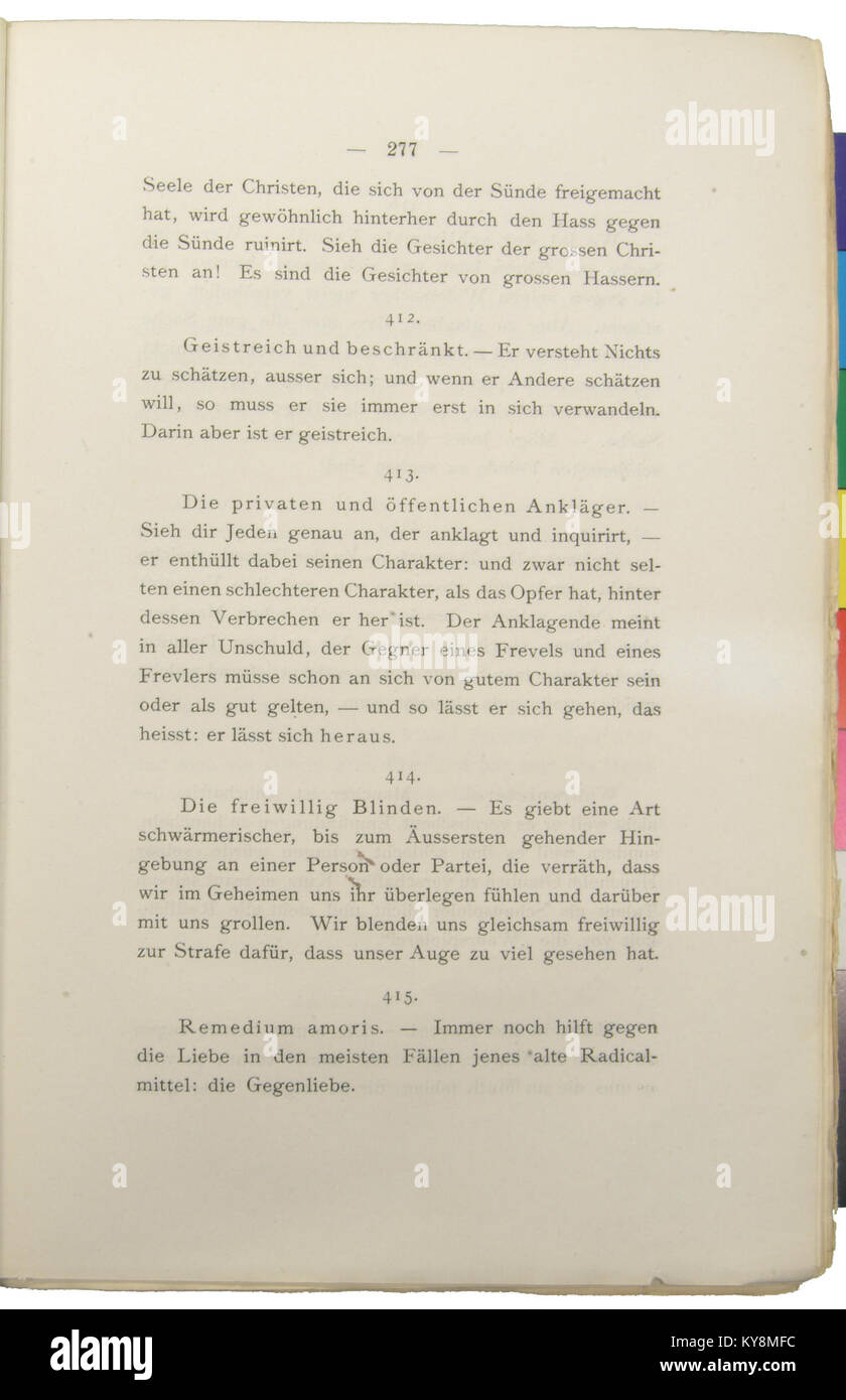 La page 277 de *Morgenröthe* (L’aube) présente les réflexions de Nietzsche sur la nature de l’autodiscipline et la nécessité pour les individus d’affirmer leur propre volonté contre les pressions sociétales. Banque D'Images