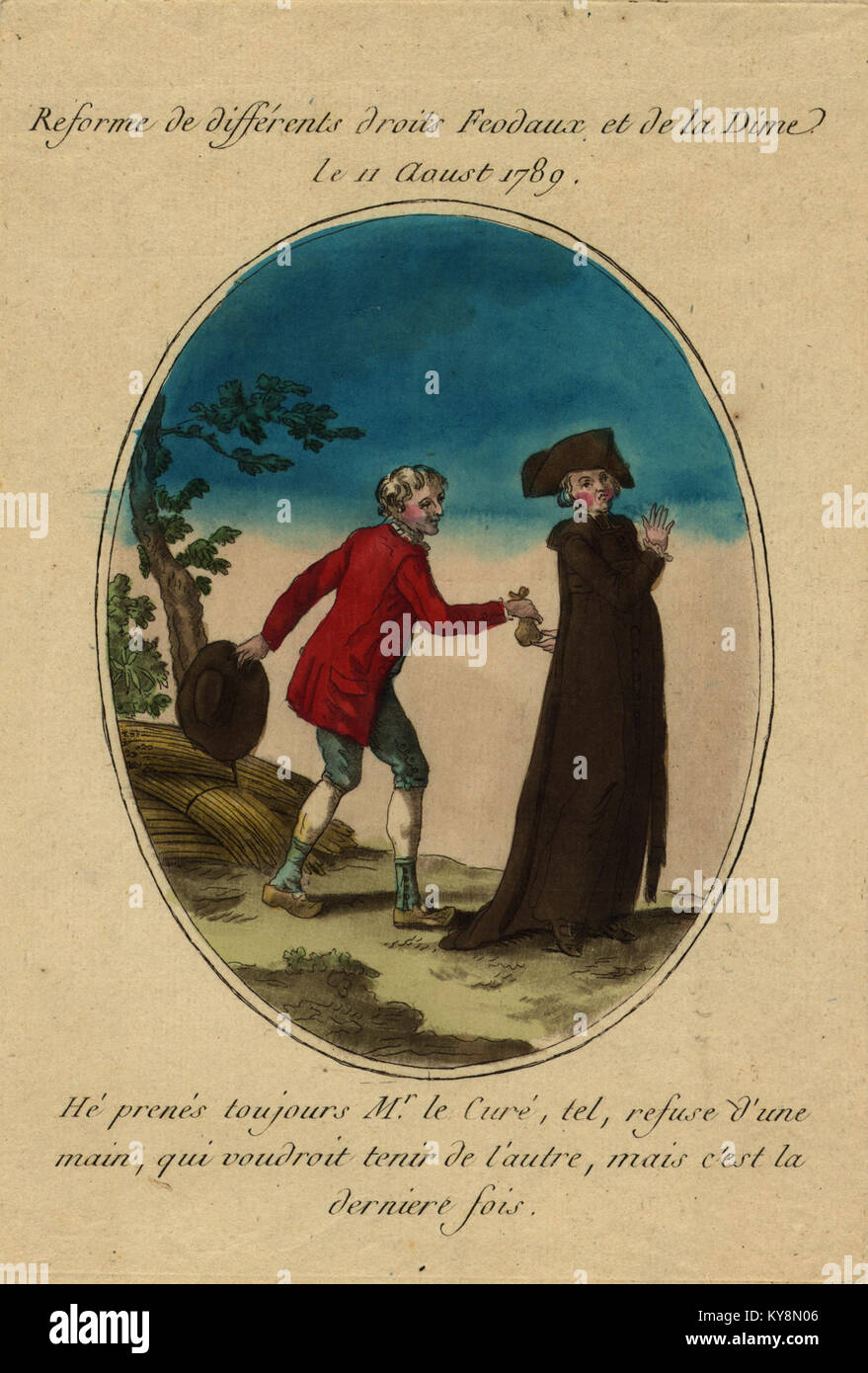 L'estampe « réforme des droits féodaux » représente l'abolition des droits et privilèges féodaux pendant la Révolution française. Le 11 août 1789, l'Assemblée nationale constituante promulgue des décrets mettant fin au féodalisme et aux privilèges connexes. Banque D'Images