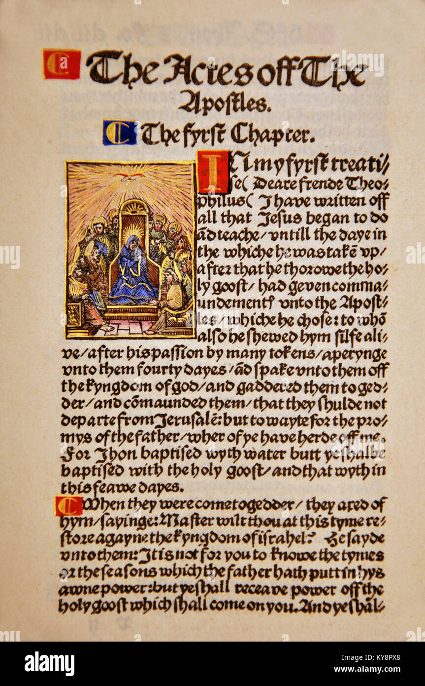 Page de titre du livre des actes dans un fac-similé de William Tyndale's 1525 édition du Nouveau Testament en anglais. À partir de la Collection des livres rares Reed à Dunedin, Nouvelle-Zélande. Banque D'Images