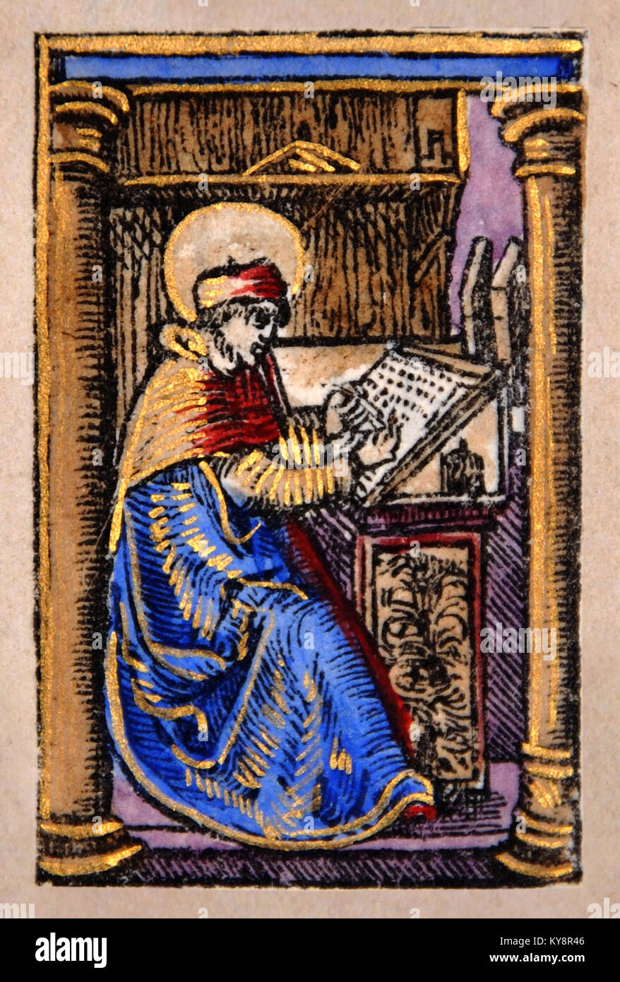 Illustration d'un scribe d'une page de titre dans un fac-similé de William Tyndale's 1525 édition du Nouveau Testament en anglais. À partir de la Collection des livres rares Reed à Dunedin, Nouvelle-Zélande. Banque D'Images