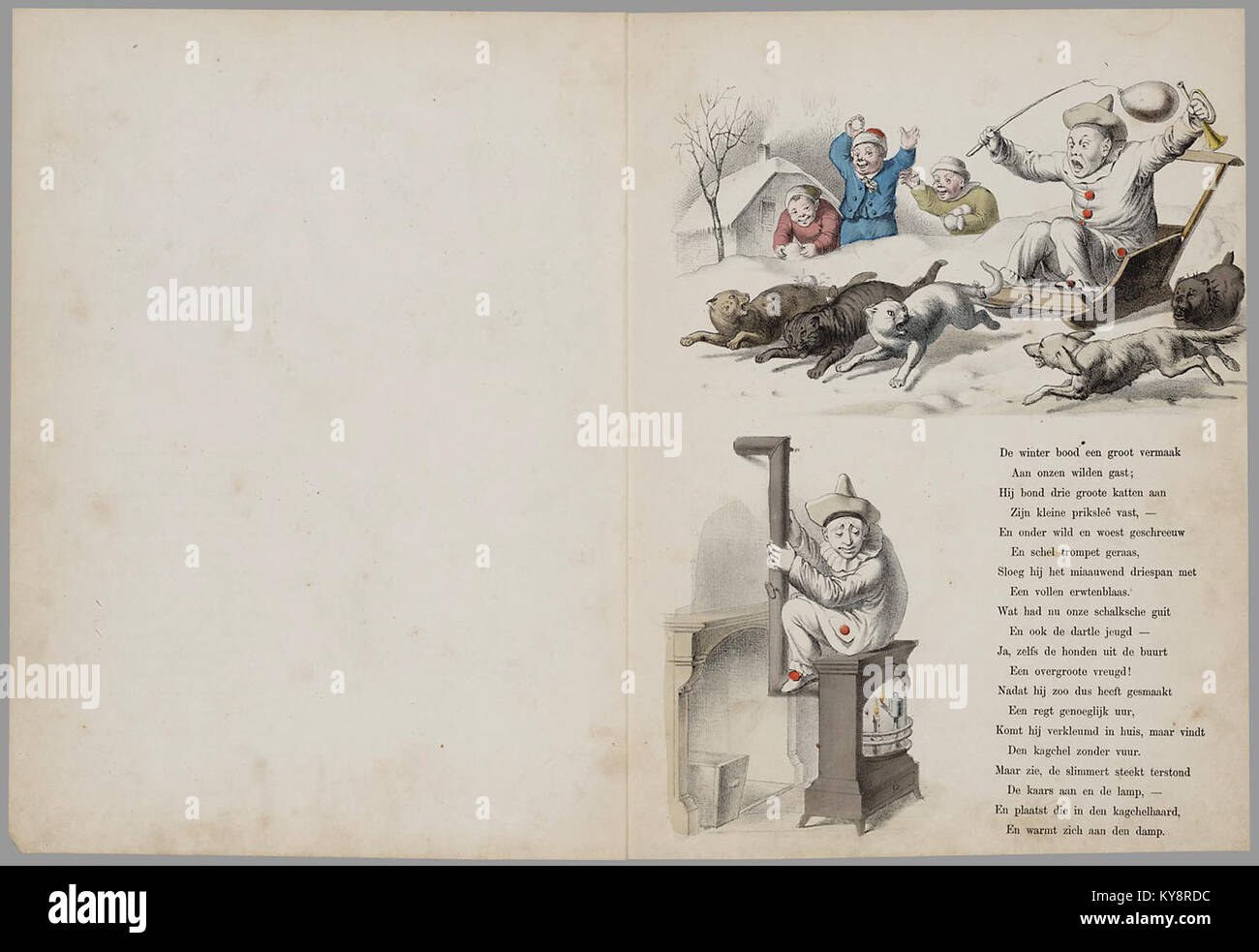 Une illustration tirée de Pierrots leven en bedrijf voor de jeugd représente Pierrot, le personnage clown, soulignant son caractère ludique et théâtral pour les enfants. Banque D'Images