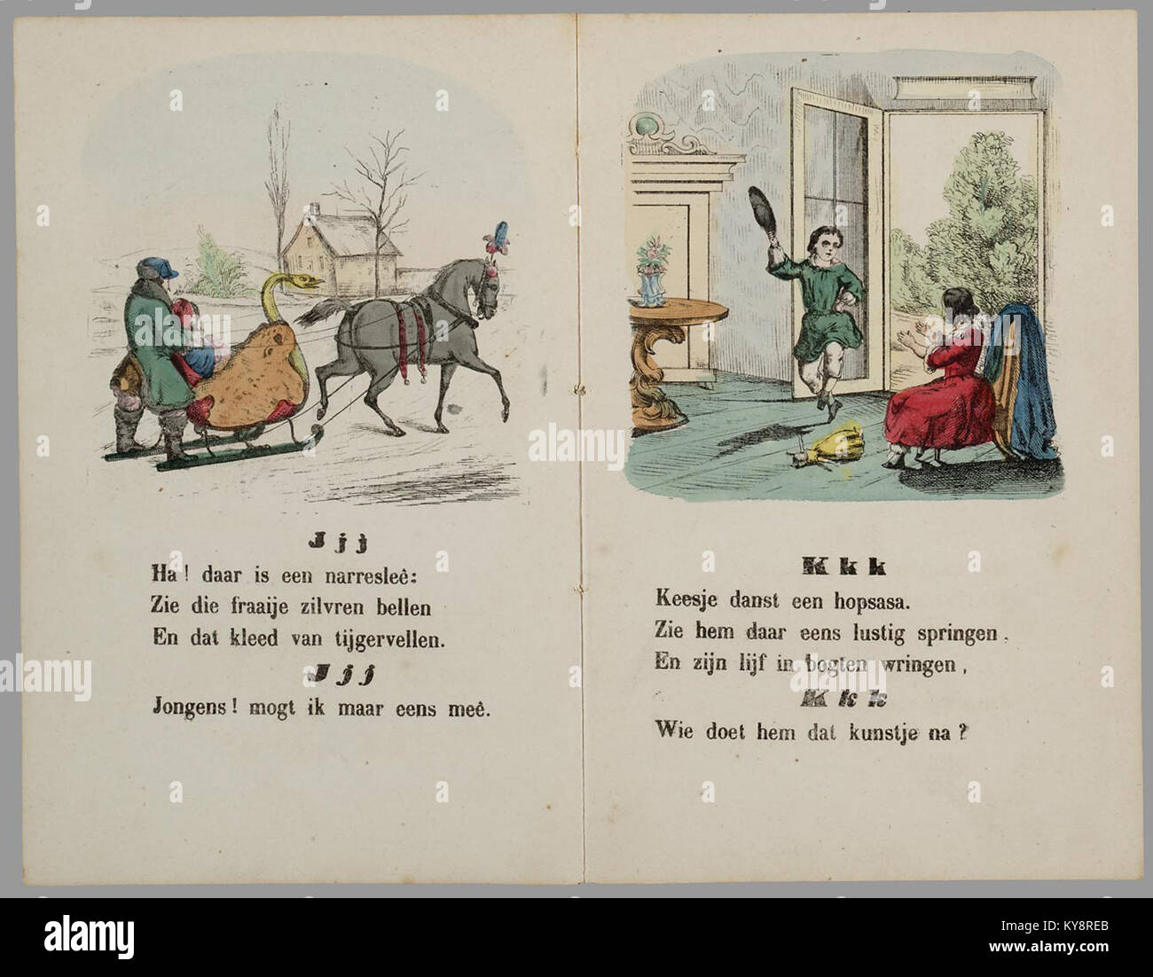 Un livre d'alphabet néerlandais de 1856 utilisant des rimes et des mélodies pour enseigner aux enfants les lettres et la lecture. Banque D'Images