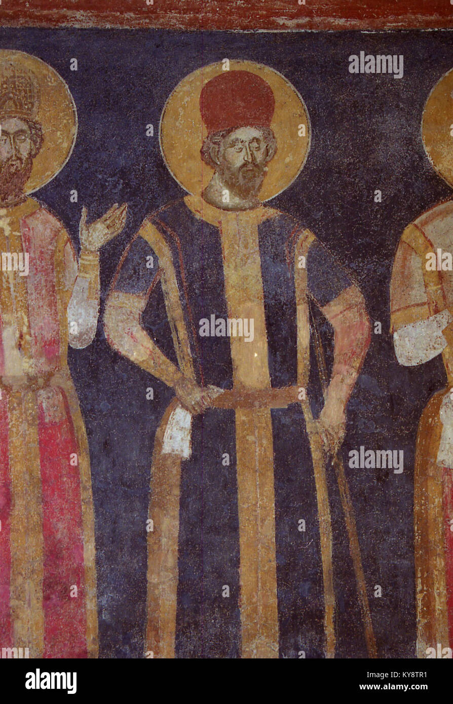 Les peintures de l'église de la Démétrius, Markova Susica, représentent des scènes religieuses et sont des exemples importants de l'art chrétien orthodoxe oriental et du patrimoine culturel. Banque D'Images