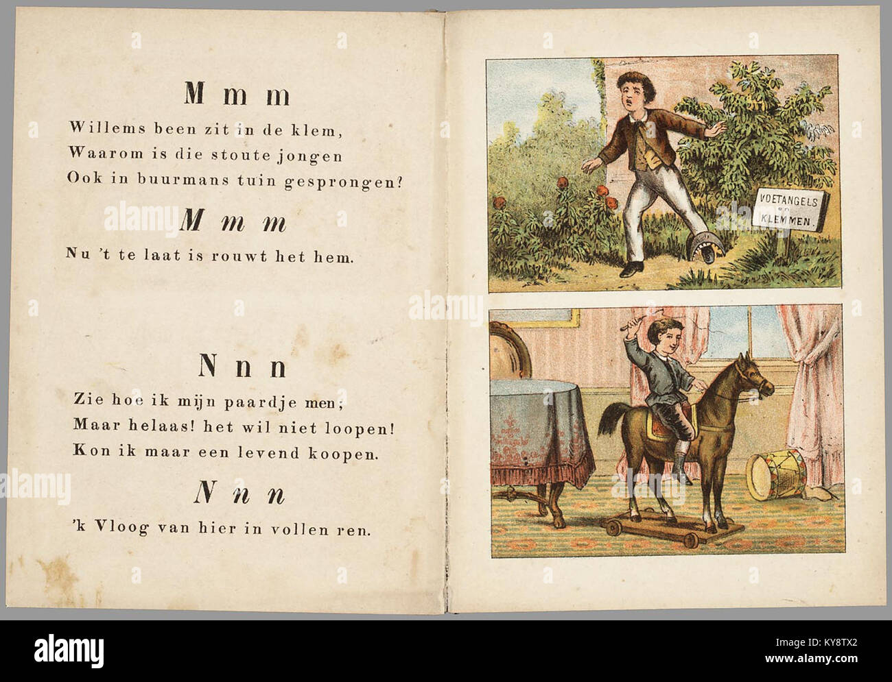 Illustration tirée d'un livre d'alphabet néerlandais basé sur une rime traditionnelle et une mélodie des années 1870, conçu pour l'apprentissage des enfants. Banque D'Images