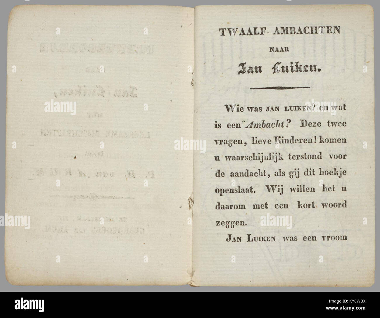 Livret illustré basé sur des œuvres de Jan Luiken, montrant des histoires morales et religieuses pour enfants dans la littérature néerlandaise. Banque D'Images