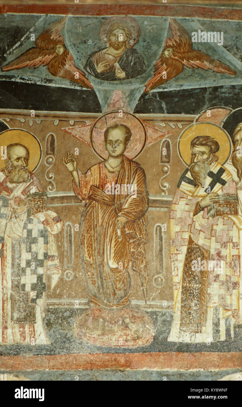 Les peintures de l'église Démétrius, Markova Susica, représentent des scènes religieuses et une iconographie, reflétant le patrimoine artistique et culturel chrétien orthodoxe oriental à l'intérieur de l'église. Banque D'Images