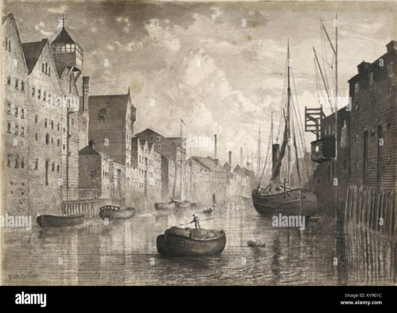 Cette image historique montre la rivière Hull en Angleterre près de North Bridge vers 1880, représentant le développement urbain, les voies navigables et l'architecture environnante. Banque D'Images