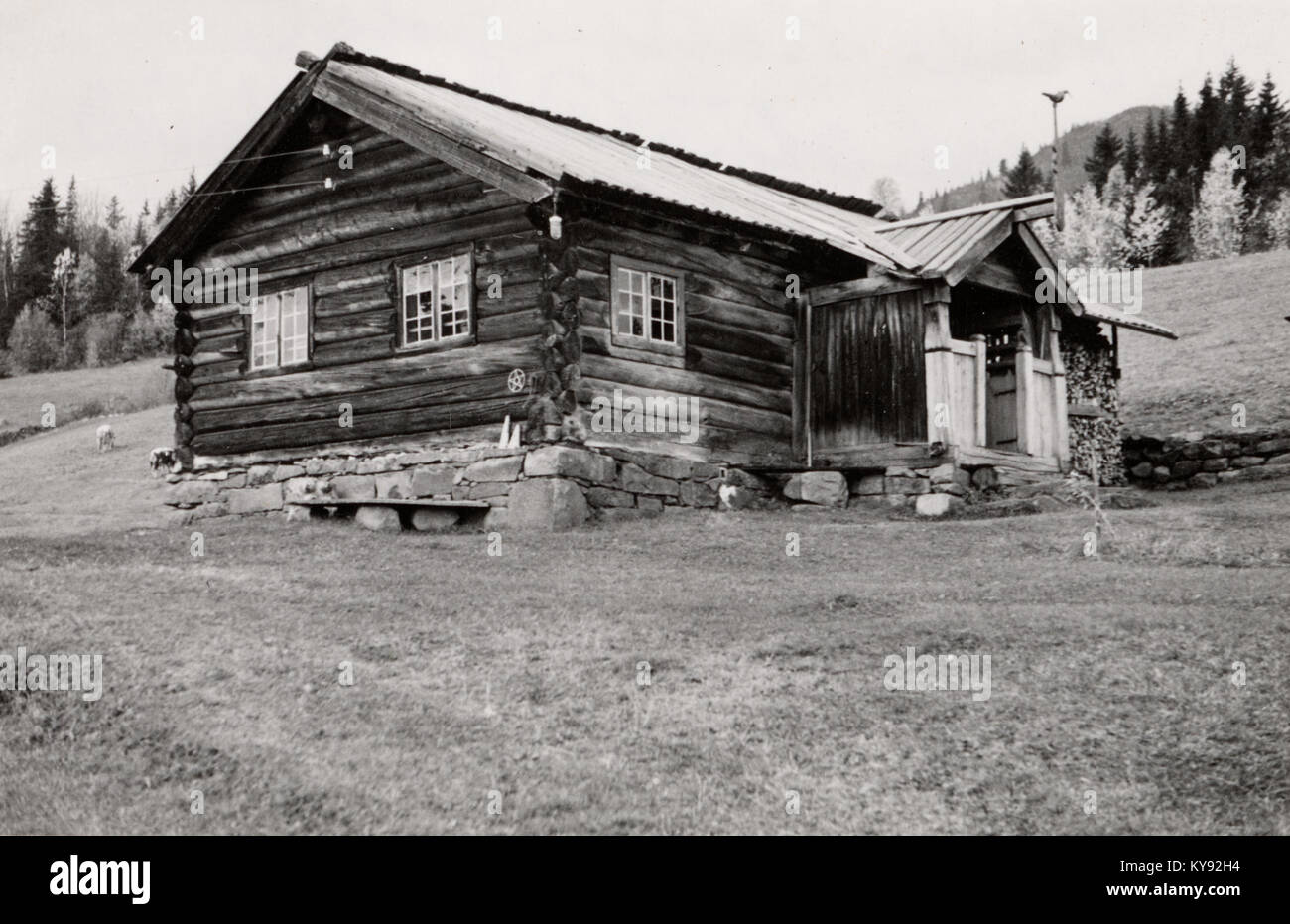 Cette image représente Råen à Buskerud, en Norvège, avec des bâtiments agricoles traditionnels en bois représentatifs de l'architecture rurale norvégienne et du patrimoine culturel. Banque D'Images