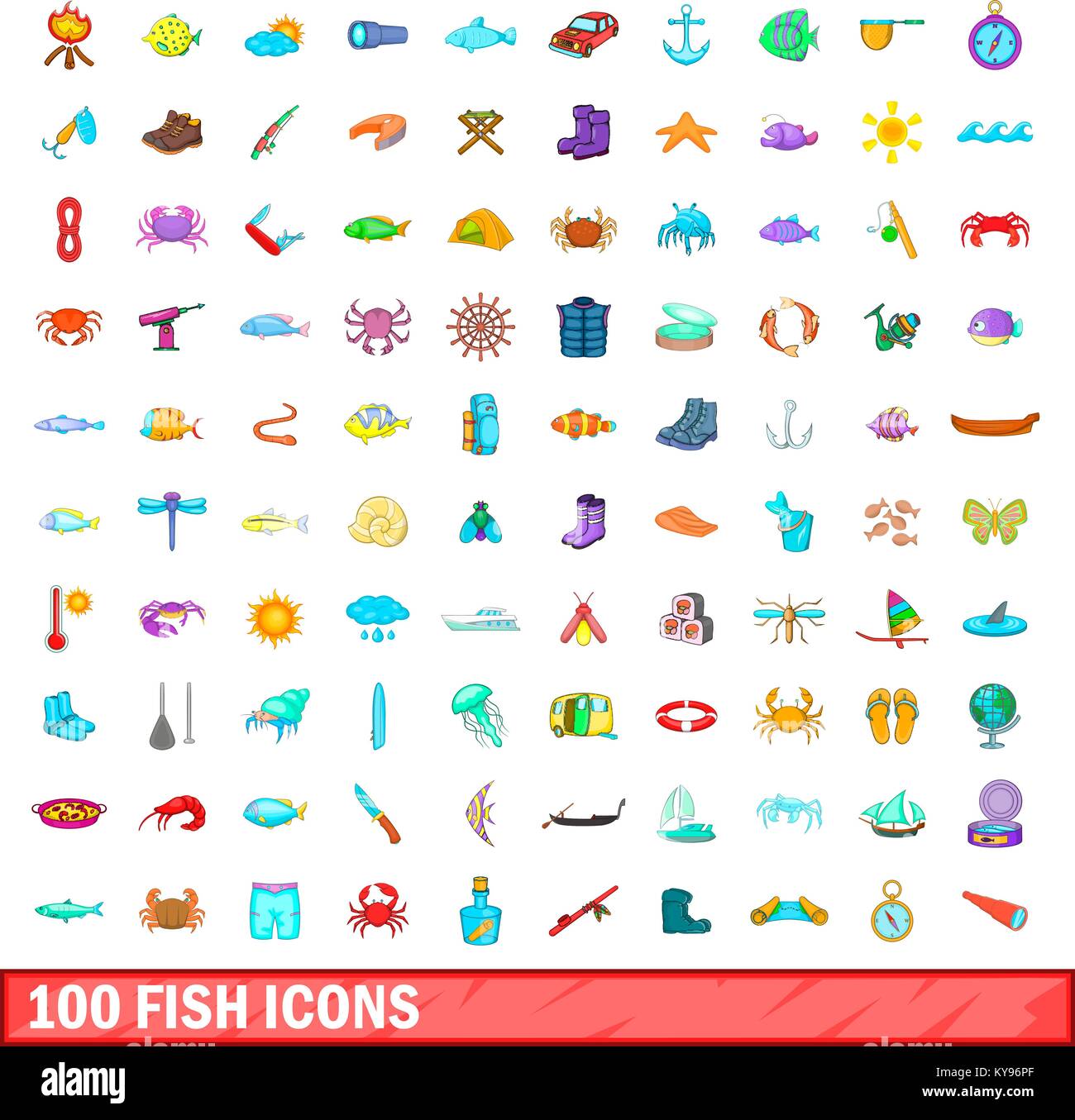 100 poissons icons set dans un style de dessin animé pour tout modèle ...