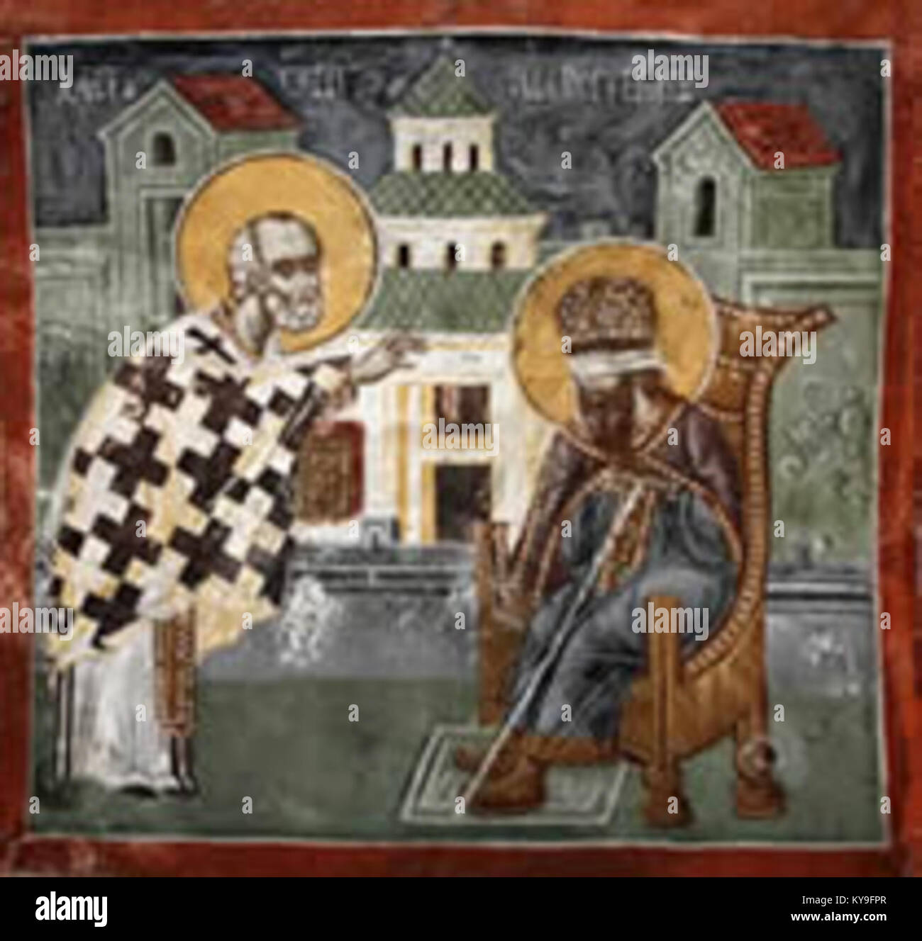 Cette fresque du Patriarcat de Pec en Serbie représente Nicholas guérissant Stephen Decani de la cécité. Il s'agit d'une œuvre d'art religieuse importante, reflétant les traditions artistiques byzantines et le patrimoine culturel de la région. Banque D'Images