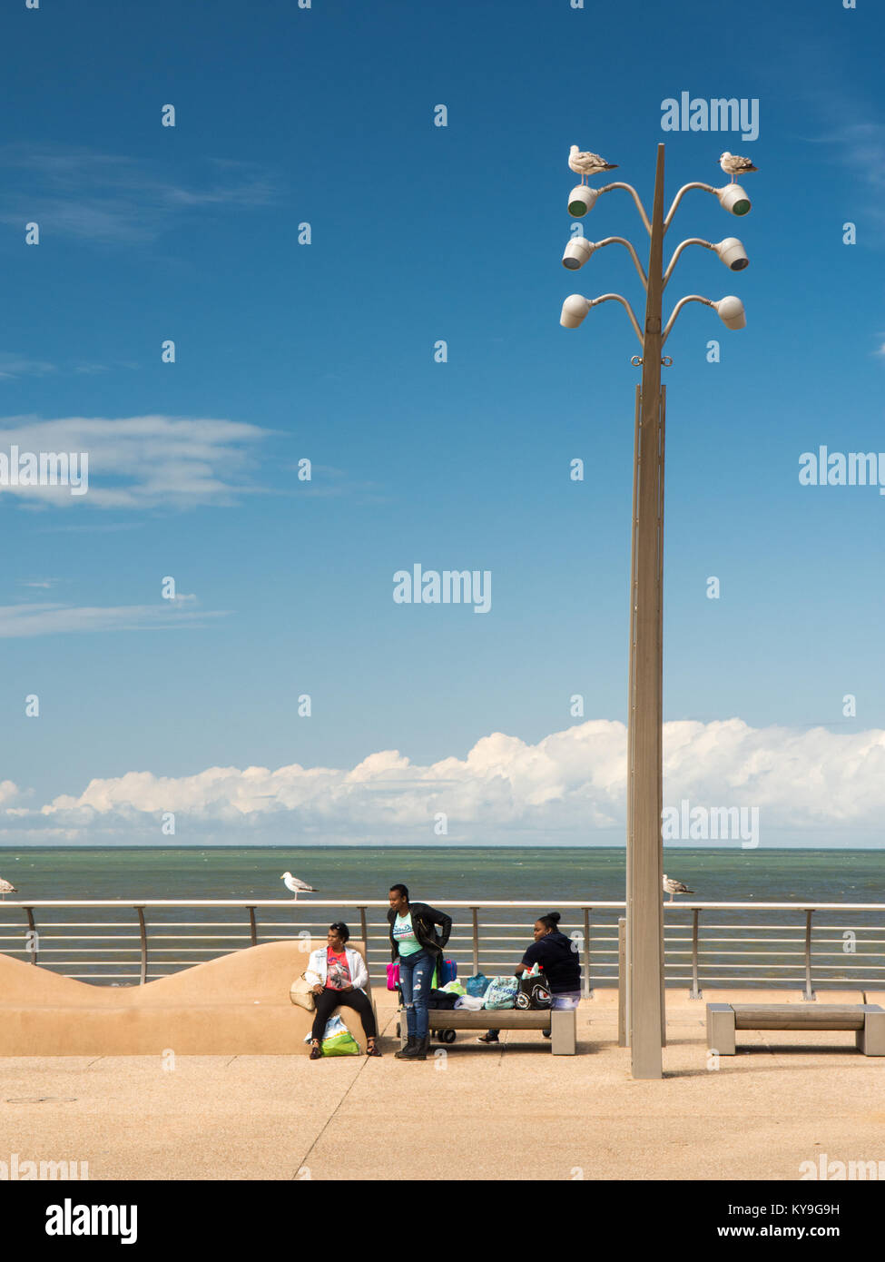 Blackpool, England, UK - 1 août 2015 : mouettes perchées sur l'éclairage au-dessus de touristes assis sur la promenade de Blackpool mer. Banque D'Images