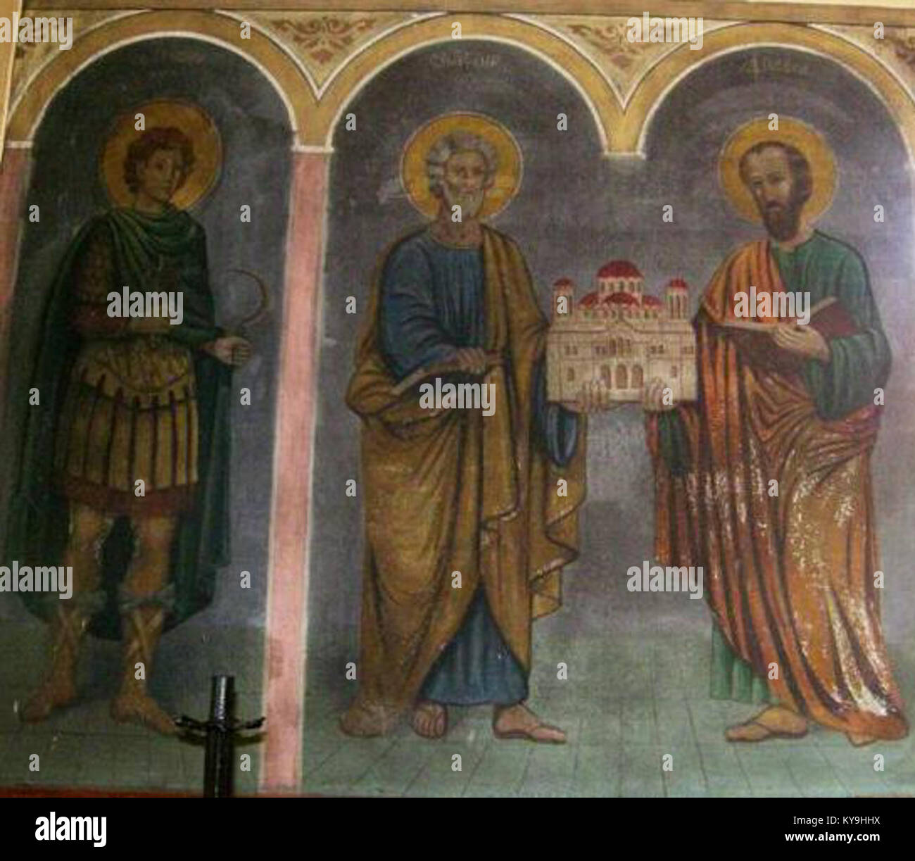 Icône représentant les saints Constantin et Hélène, connus sous le nom d'Ilinden, avec les saints Pierre et Paul, illustrant l'iconographie chrétienne. Banque D'Images