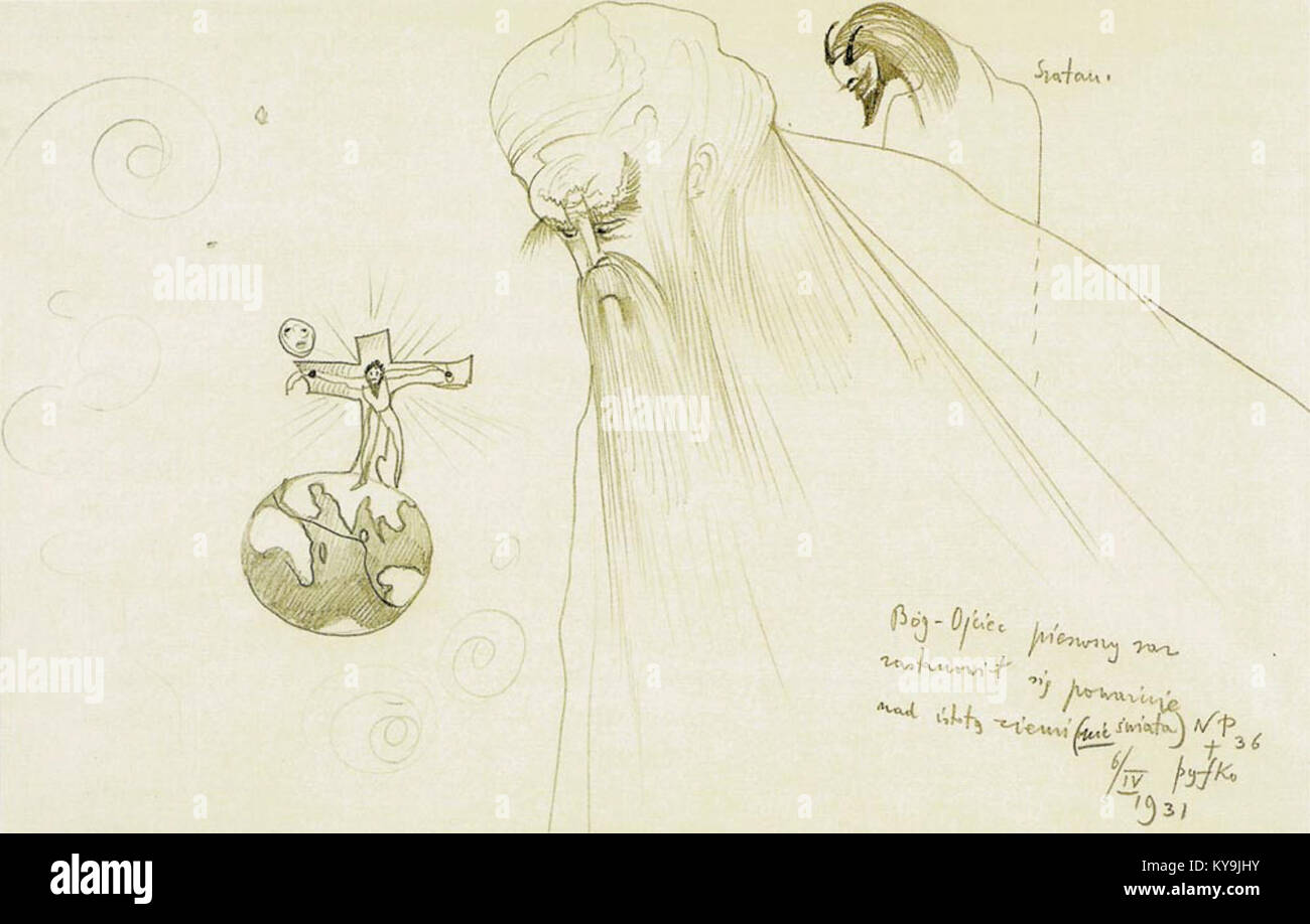Peinture de Witkacy intitulée « Dieu le Père a d'abord réfléchi sur l'essence de la Terre », représentant une interprétation symbolique de la terre et des thèmes philosophiques. Banque D'Images