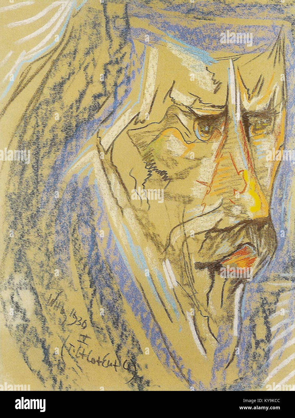Un portrait de Józef Fedorowicz par Witkacy, mettant en valeur le style caractéristique de l’artiste en termes de réalisme psychologique et de technique expressive. La pièce illustre l'approche de Witkacy pour capturer l'émotion humaine. Banque D'Images