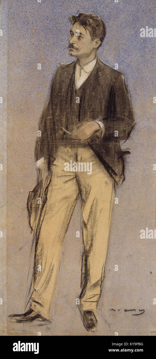 Portrait de Lluís Millet par Ramon Casas, réalisé vers 1897-1899. L'œuvre est conservée au Museu Nacional d'Art de Catalunya à Barcelone. Il est exécuté dans le charbon de bois, le plomb blanc, et l'encre pulvérisée sur le papier. Banque D'Images