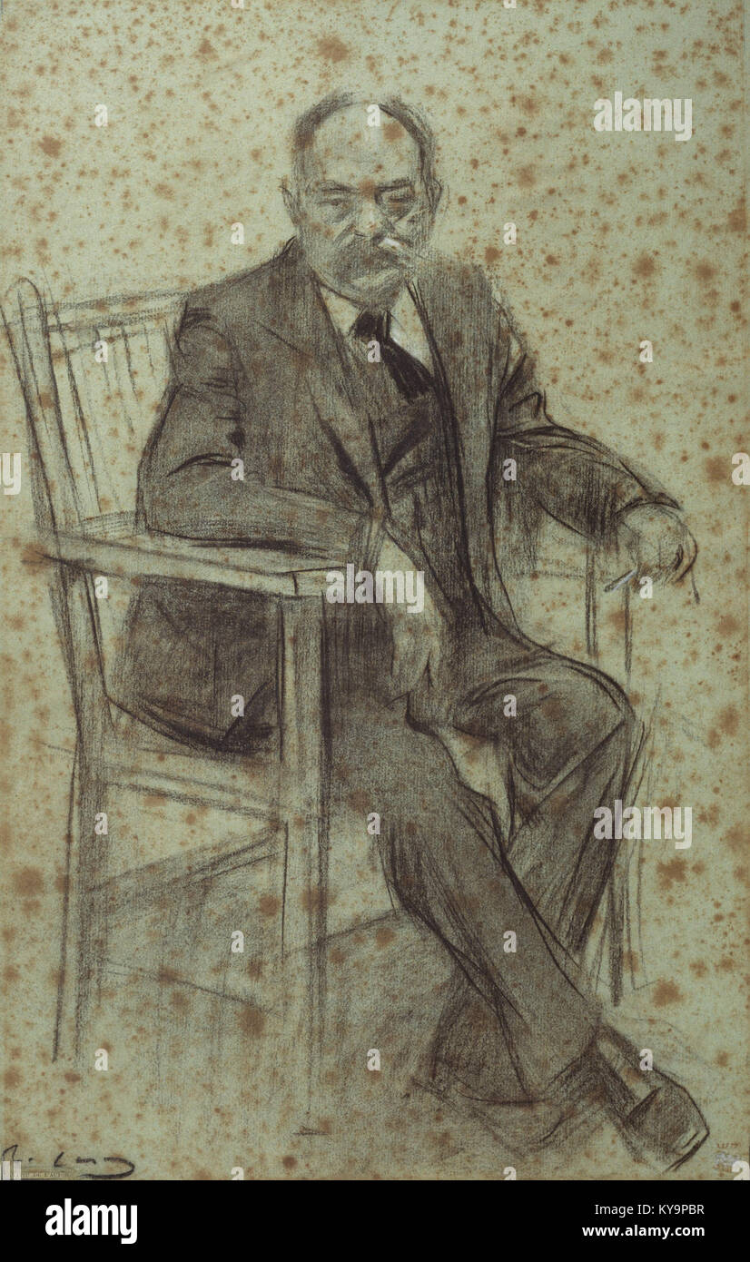 Portrait de Valentí Almirall par Ramon Casas, réalisé vers 1897-1899. L'œuvre est conservée au Museu Nacional d'Art de Catalunya à Barcelone. Il est exécuté dans le charbon de bois, le plomb blanc, et l'encre pulvérisée sur le papier. Banque D'Images