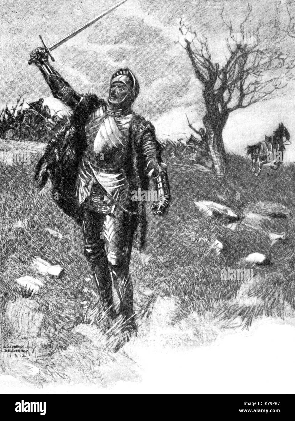 Illustration en noir et blanc représentant Richard III de la pièce « for Want of a Nail », mettant en valeur la représentation de personnages et la conception de costumes historiques. Banque D'Images