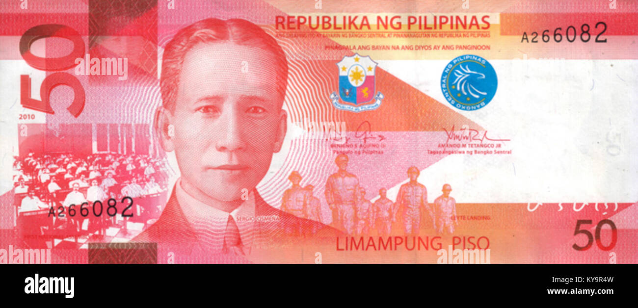 L'avers du billet de 50 peso des Philippines présente des symboles nationaux et des personnages historiques, reflétant la conception monétaire et le patrimoine culturel philippins. Banque D'Images