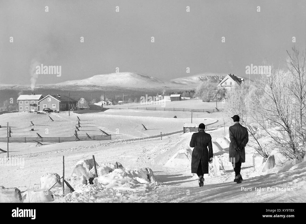 Une photographie hivernale de la vallée de Funäsdalen, Härjedalen, Suède, montrant des montagnes enneigées, des arbres, et paysage serein. Banque D'Images