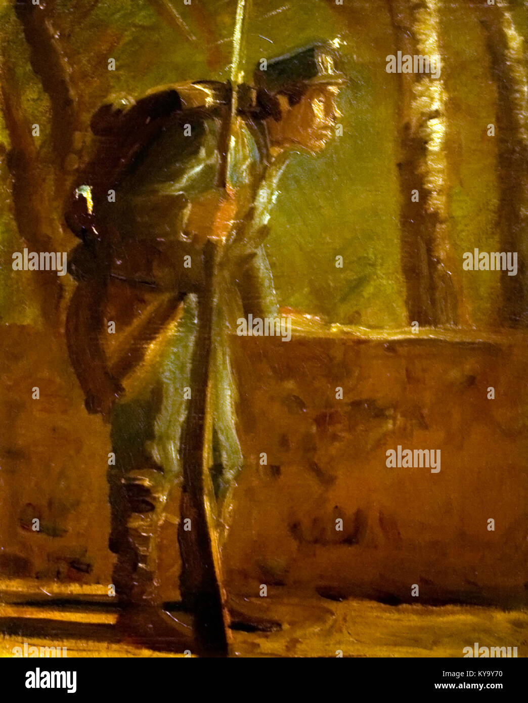 La peinture sentinelle de l'artiste hongrois Mednyánszky représente un soldat en service de garde, mettant en valeur l'intensité et la solitude de la vie militaire. Le travail reflète la profondeur émotionnelle et le réalisme des expériences en temps de guerre. Banque D'Images