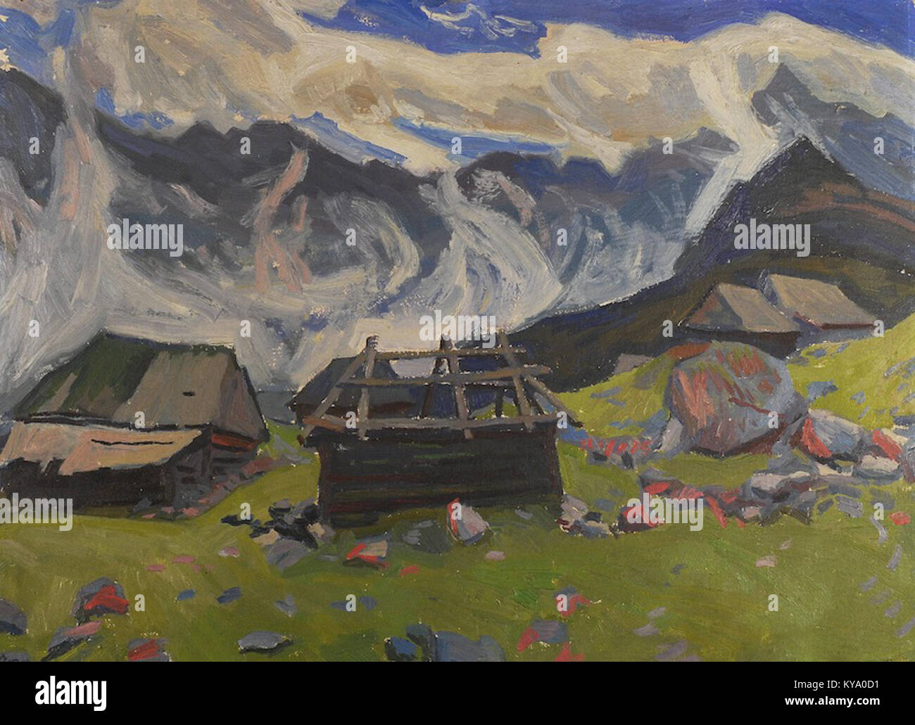 'Mgły nad Czarnym Stawem' de l'artiste polonais Stanisław Kamocki dépeint le brouillard brumeux du matin au-dessus de l'étang noir dans les montagnes des Tatras. La peinture illustre la maîtrise de Kamocki dans la capture de paysages atmosphériques. Banque D'Images