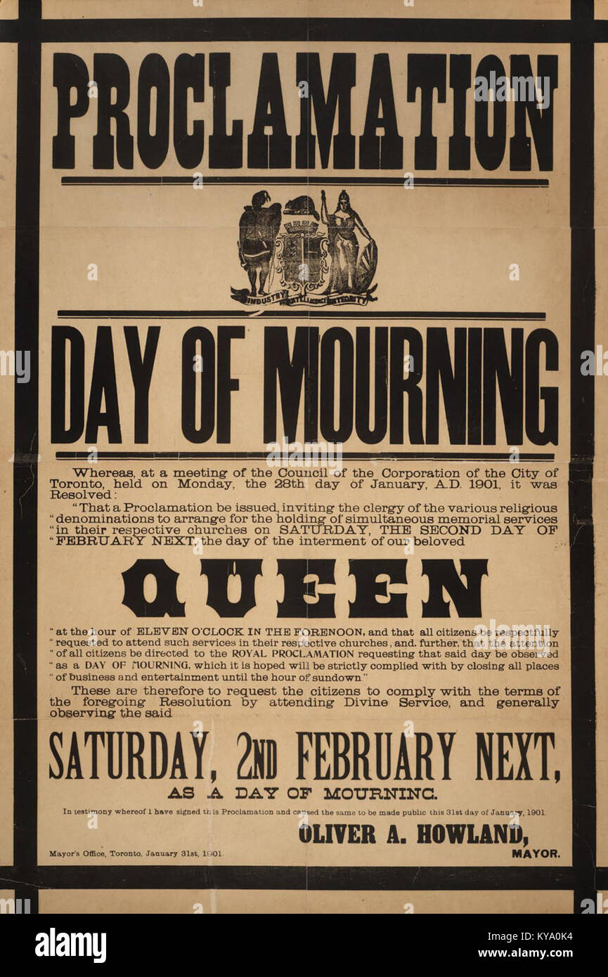 Cette proclamation marque le jour de deuil officiel à Toronto le 2 février 1901, à la suite du décès de la reine Victoria. Banque D'Images