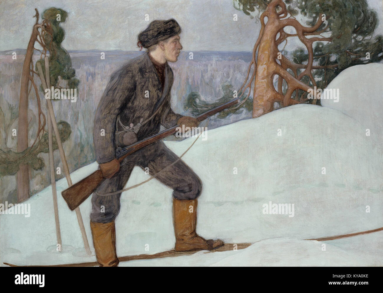 'Ilveksenhiihtäjä' (1900) de l'artiste finlandais Pekka Halonen représente un chasseur skiant dans une forêt enneigée. La peinture à l'huile reflète le réalisme finlandais et l'accent mis par Halonen sur la nature et l'identité finlandaise. Banque D'Images