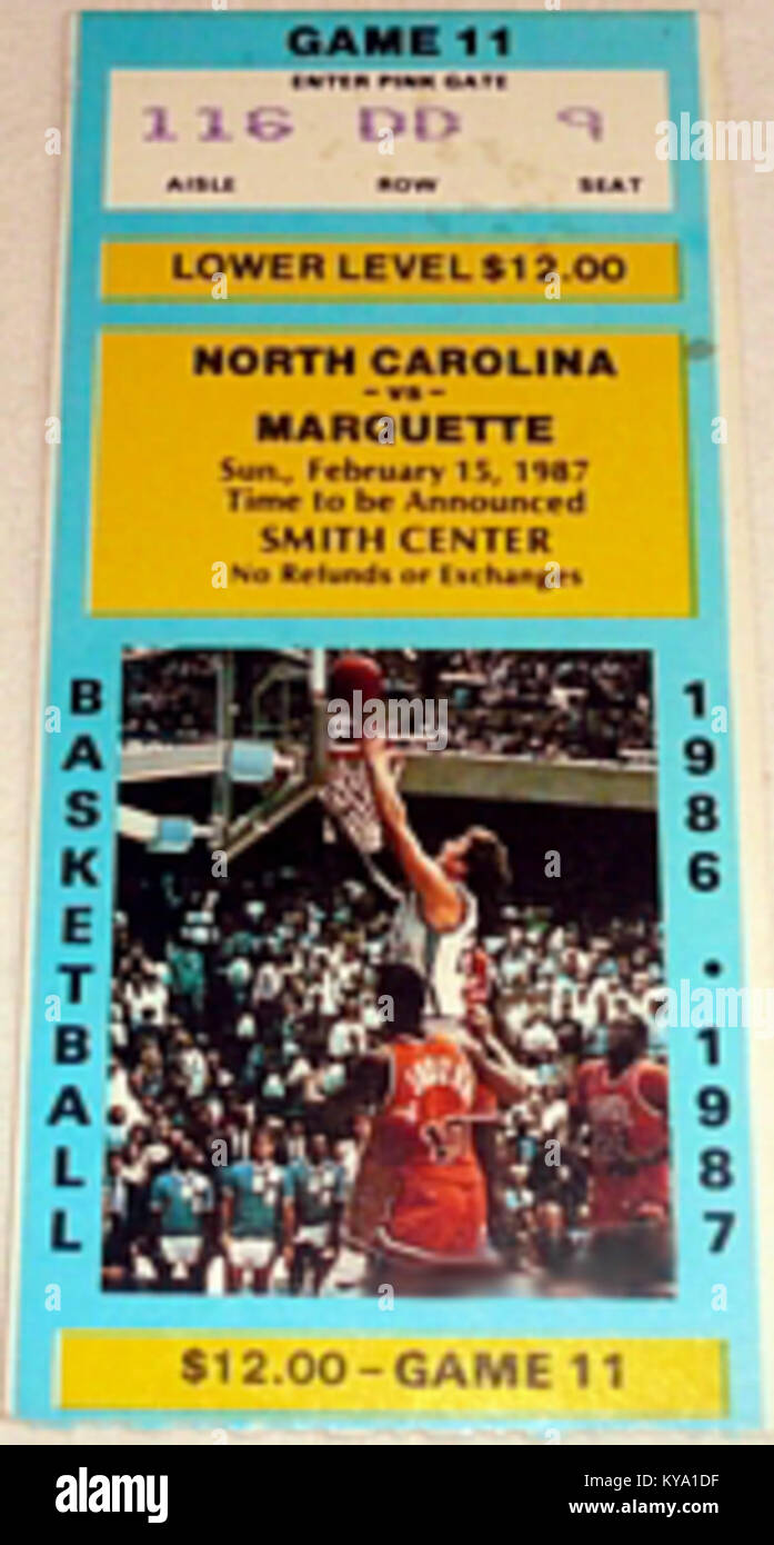 Marquette à la North Carolina Tar Heels men's basketball 1987-02-15 (ticket) Banque D'Images