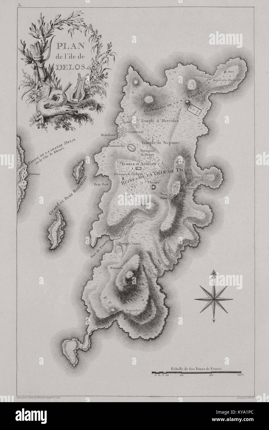 Cette carte de 1782 de Gabriel Florent Auguste de Choiseul-Gouffier représente l'île de Délos, mettant en évidence ses temples, sa géographie et son importance en tant que centre religieux et culturel dans la Grèce antique. Banque D'Images