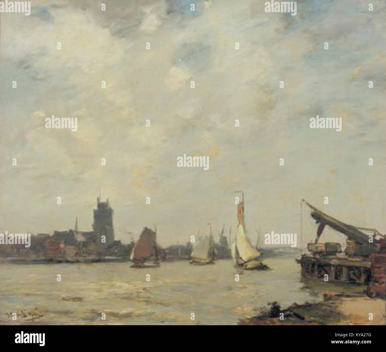 La peinture de James Campbell Noble illustre des navires sur la rivière Merwede près de Dordrecht, reflétant la vie maritime du XIXe siècle et l'importance historique des voies navigables. Banque D'Images