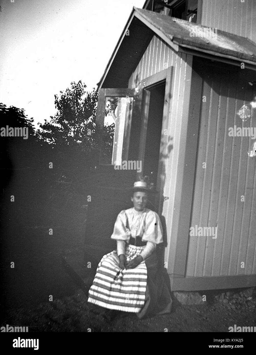 Ce portrait représente une femme en tenue traditionnelle suédoise, y compris une blouse blanche avec des manches colorées, une jupe sombre et un tablier rayé, reflétant les styles vestimentaires du début du XXe siècle. Banque D'Images