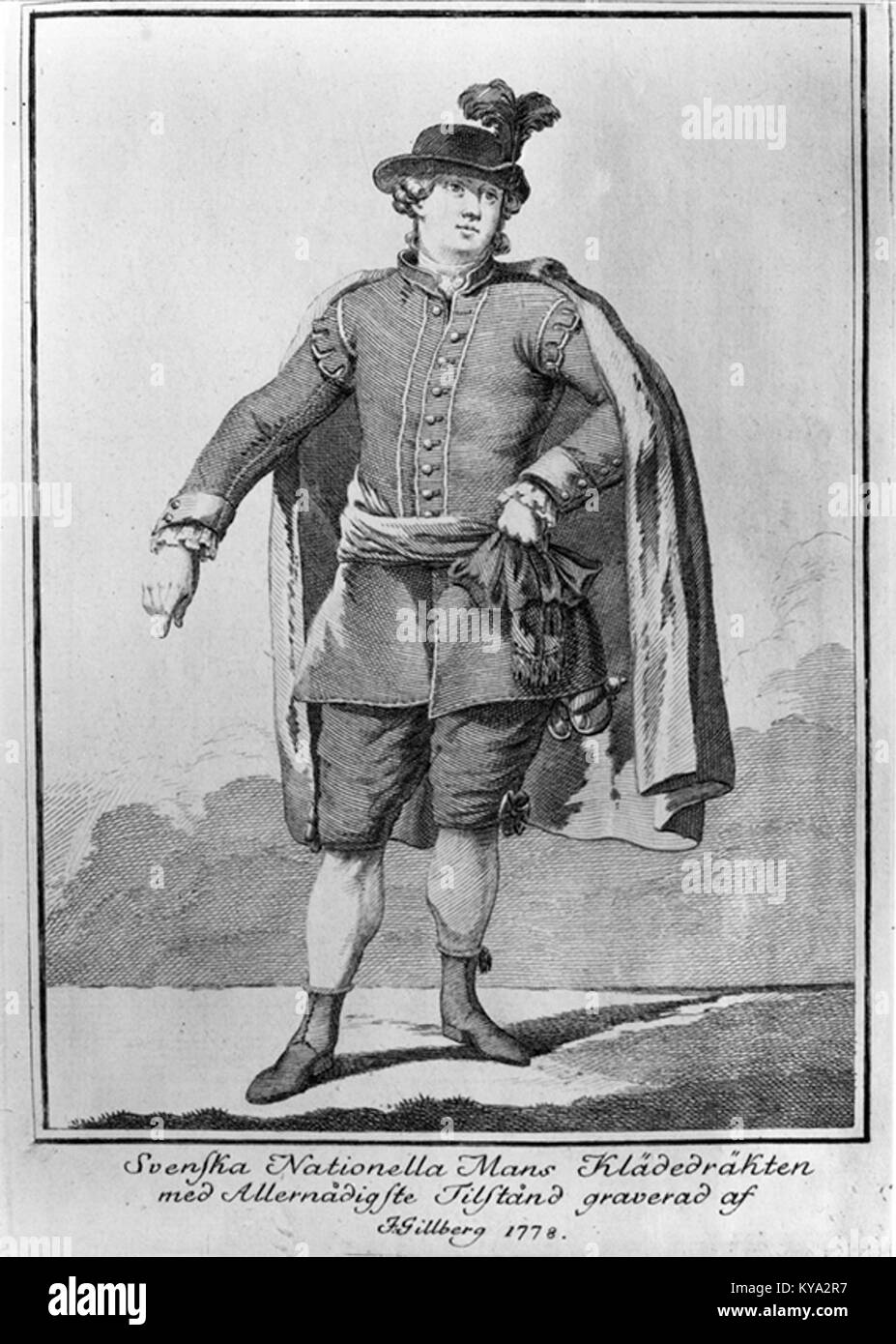 Cette gravure sur cuivre de Jacob Gillberg, réalisée en 1778, représente le costume national suédois, basé sur un dessin de Jean Erik Rehn. L'œuvre fait partie de la collection du Nordic Museum, qui présente l'histoire culturelle suédoise. Banque D'Images