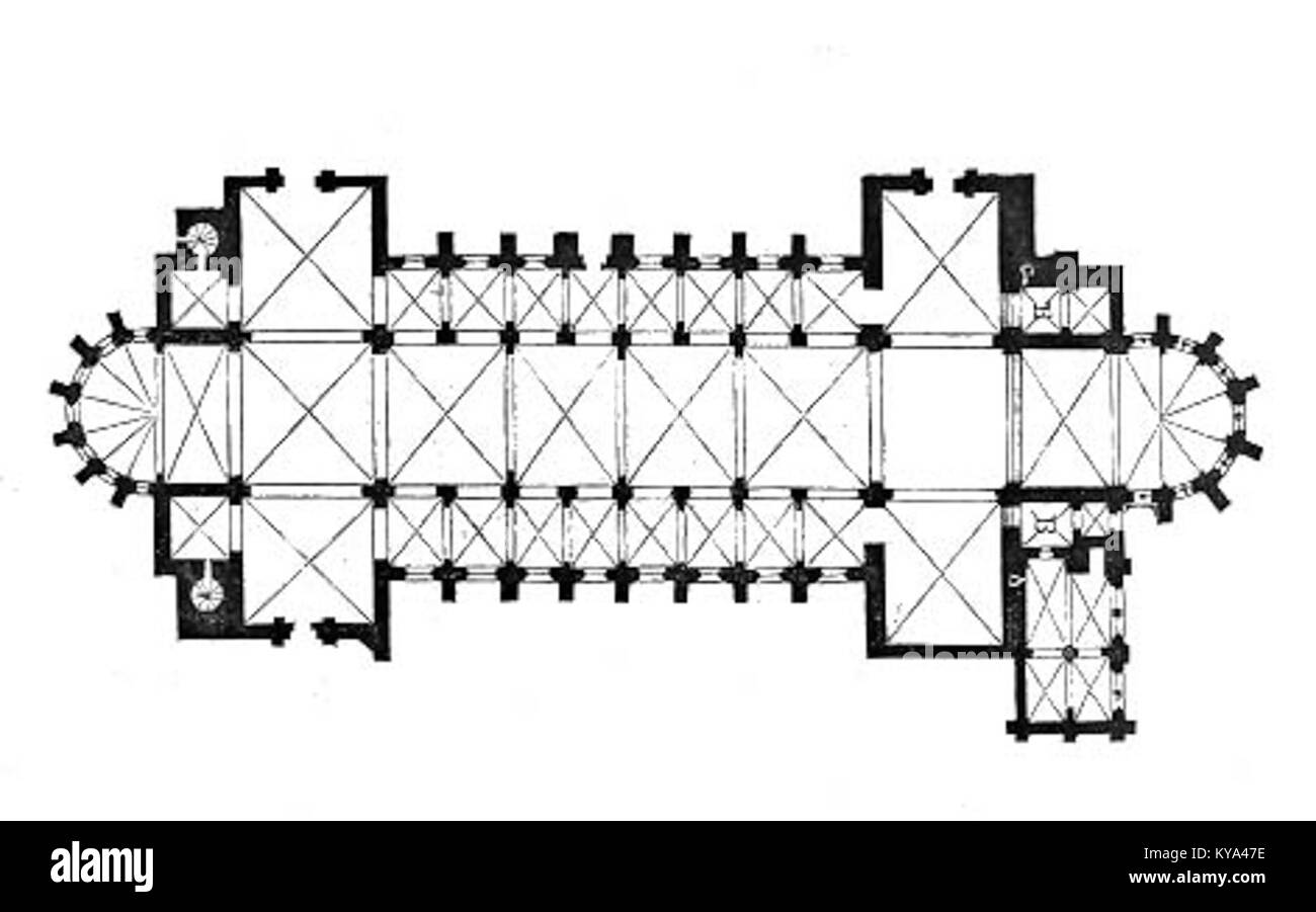 Ce plan architectural illustre les modifications apportées à une cathédrale, illustrant les changements de structure et d'aménagement dans le cadre de la documentation historique de l'architecture de l'église. Banque D'Images