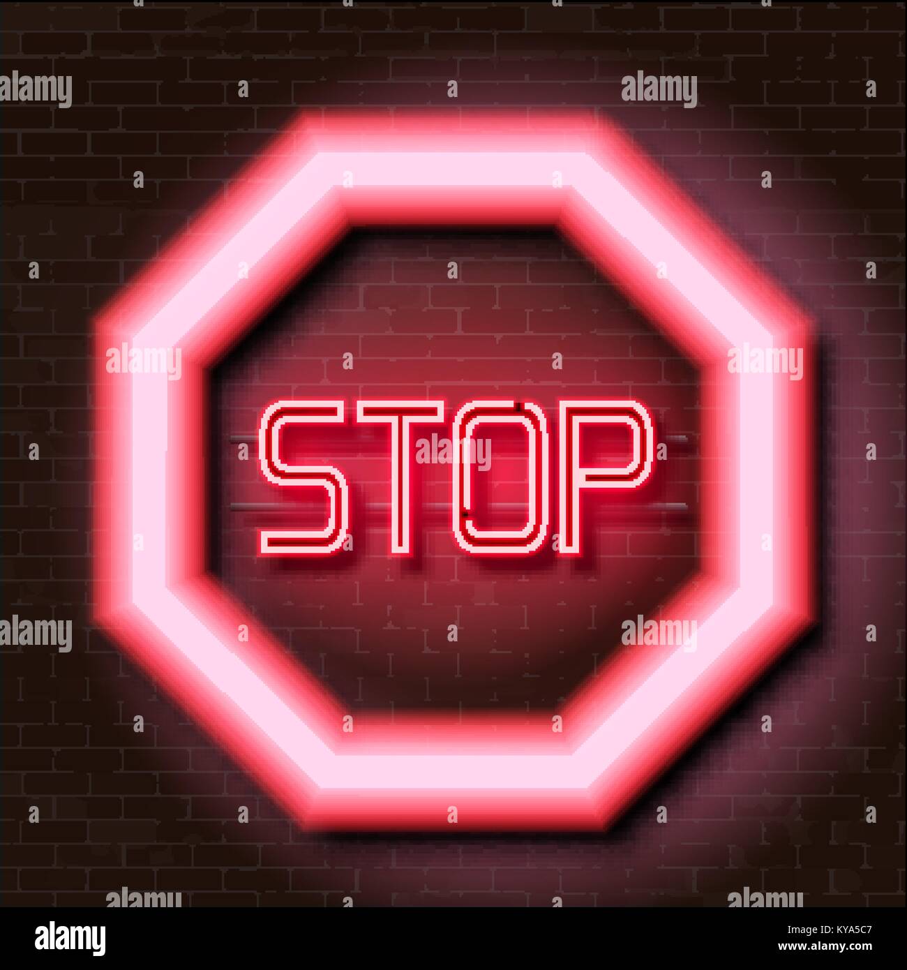 STOP rouge neon glow sur mur de brique illustration réaliste Illustration de Vecteur