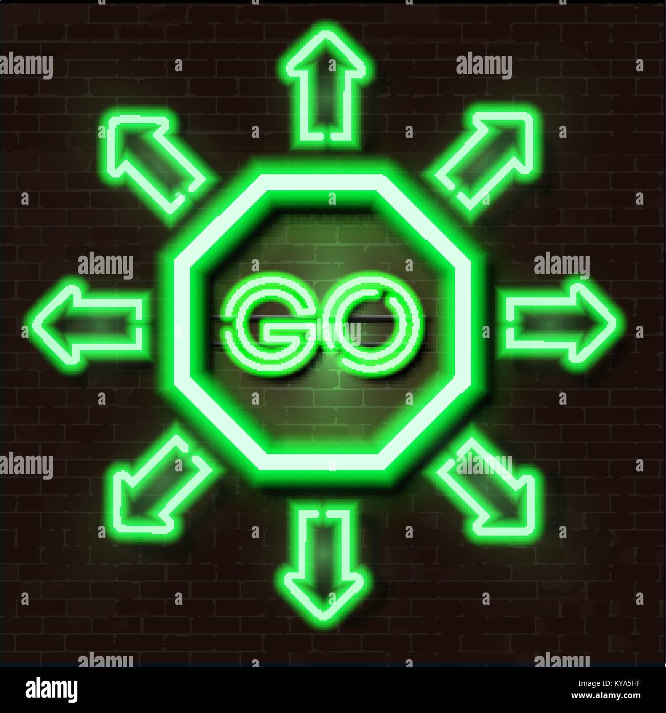 Néon lumineux vert signe de route sur mur de briques avec de grandes lettres lumineuses rendez et flèches pointant dans toutes les directions Illustration de Vecteur