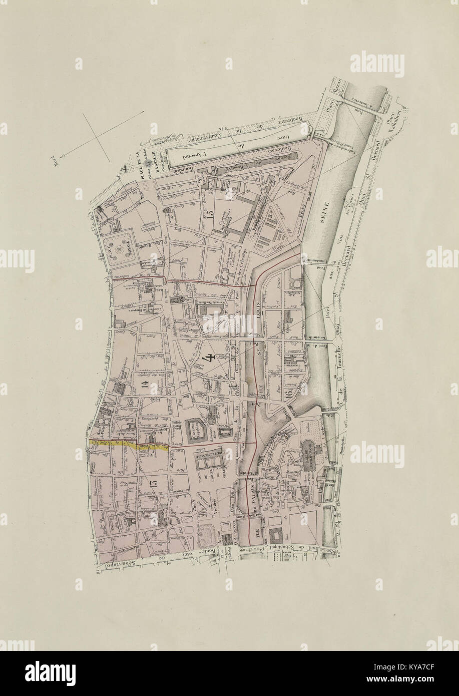 Cette œuvre d’Eugène Andriveau-goujon représente le 4e arrondissement de Paris, mettant en valeur l’architecture, les rues et la vie quotidienne du 19e siècle Banque D'Images