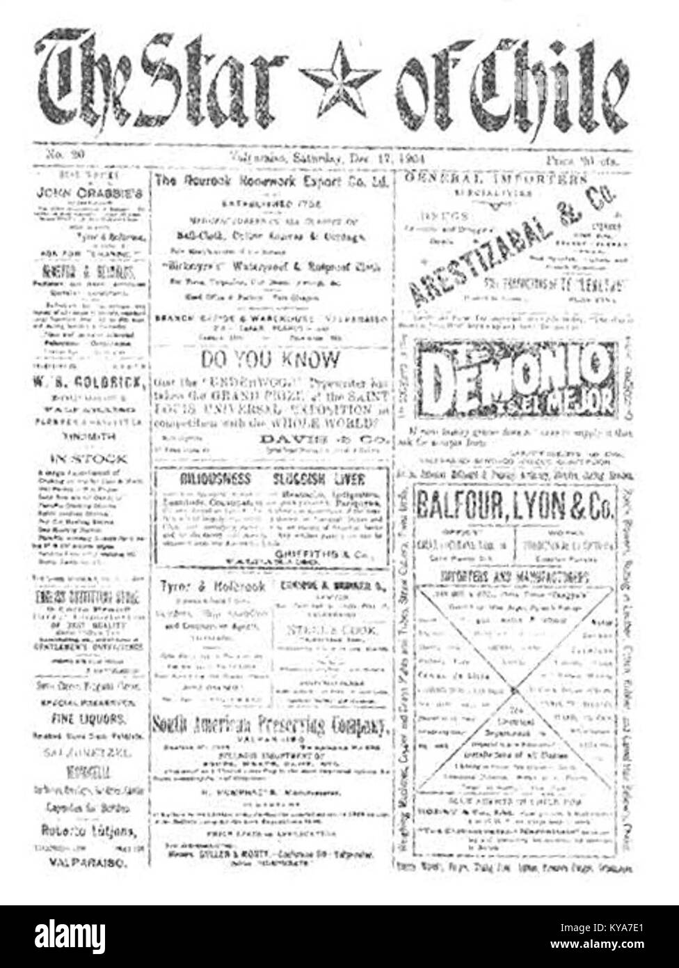 L'étoile du Chili est un navire situé à Valparaíso, au Chili, enregistré le 17 décembre 1904, représentant l'activité maritime et l'histoire navale du début du XXe siècle. Banque D'Images