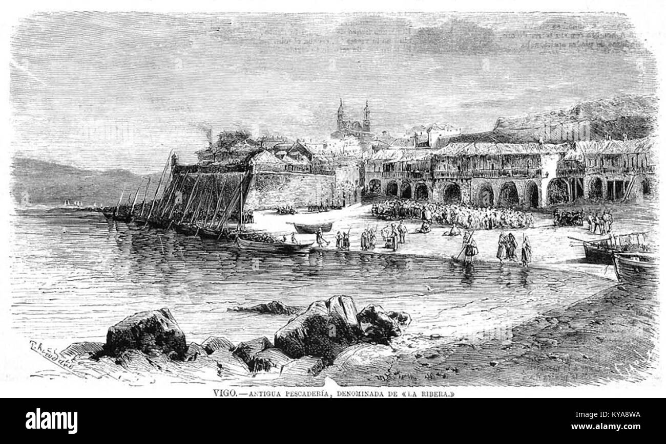 Cette image montre le marché historique aux poissons, 'la Ribera', à Vigo, en Espagne. Le marché a été un point central pour l'économie maritime de la ville, mettant en valeur la relation historique de Vigo avec la mer et son industrie des fruits de mer. Banque D'Images