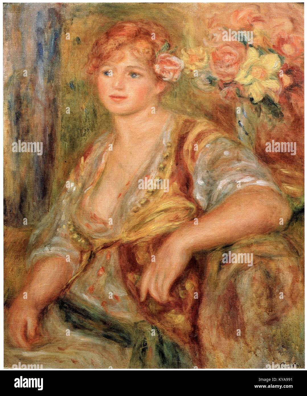 Blonde à la rose de Pierre-Auguste Renoir (1915-1917) est une peinture impressionniste représentant une jeune femme avec une rose dans les cheveux, illustrant l'utilisation de la lumière, de la texture et de la couleur par Renoir. Banque D'Images
