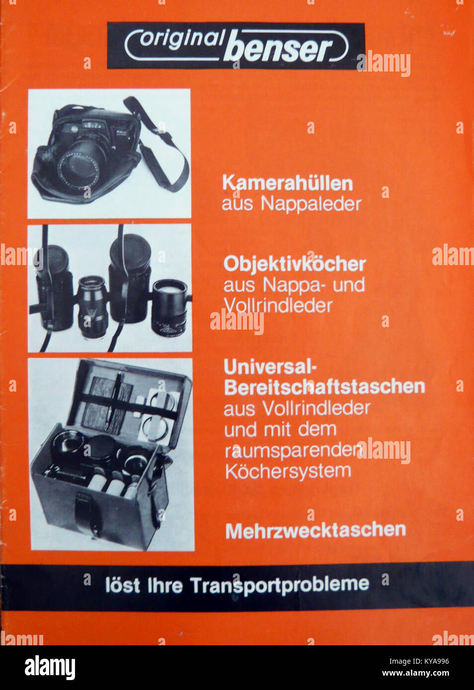Le prospectus de couverture de Walther Benser présente les accessoires d'appareil photo « original Benser », mettant l'accent sur la production d'équipements et d'accessoires photographiques de haute qualité de la marque. Banque D'Images