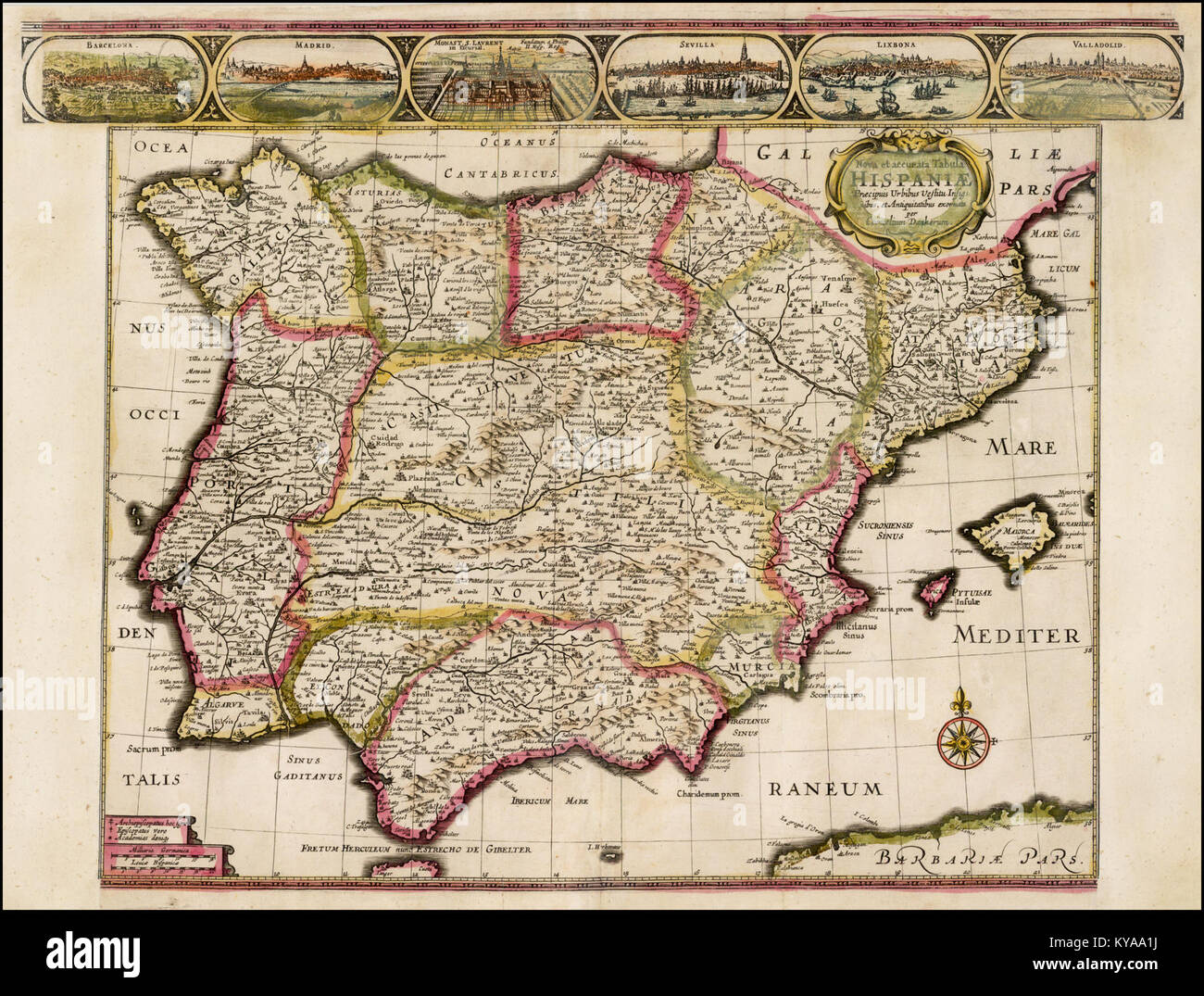 Cette carte de 1640 de l'Espagne offre une représentation historique de la géographie du pays au XVIIe siècle, mettant en évidence les divisions régionales et les principales frontières politiques de l'époque. Banque D'Images